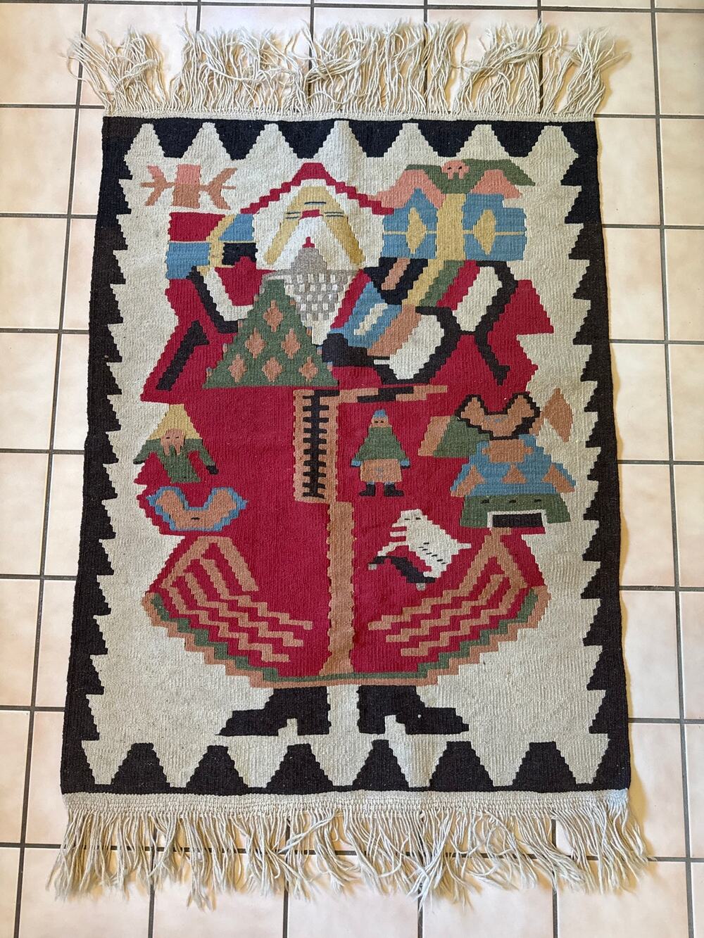 Turkish Kilim Wool Rug Tapestry Fringed Hand Woven Christmas Santa Claus 44 x 34